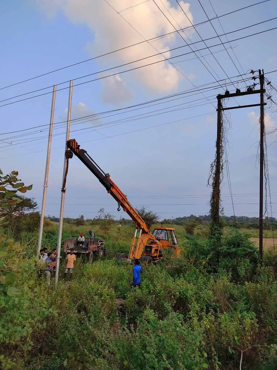 Pole erection with a crane for line shifting